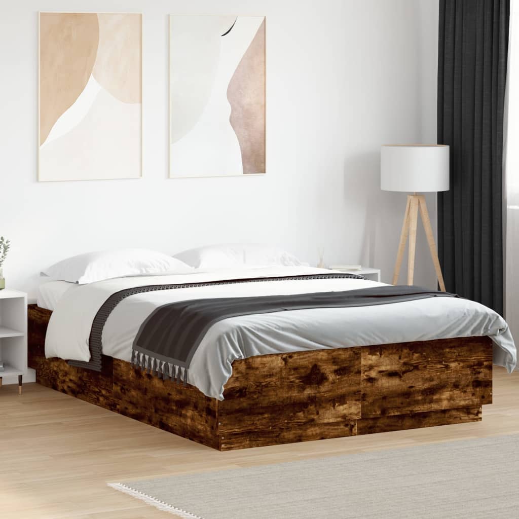 Bed Frame with LED without Mattress Smoked Oak 150x200 cm King Size - Bargainia.com - 