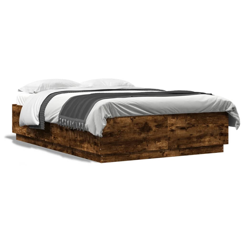 Bed Frame with LED without Mattress Smoked Oak 150x200 cm King Size - Bargainia.com - 