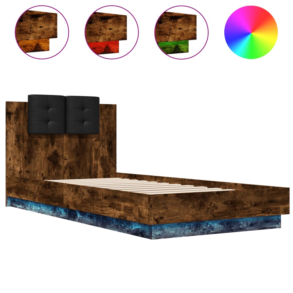 Bed Frame with LED without Mattress Smoked Oak 90x200 cm - Bargainia.com - 
