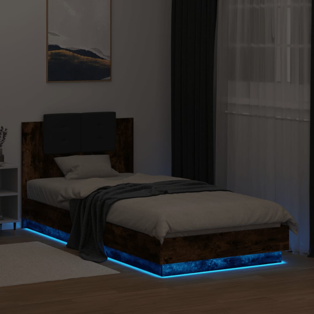 Bed Frame with LED without Mattress Smoked Oak 90x200 cm - Bargainia.com - 