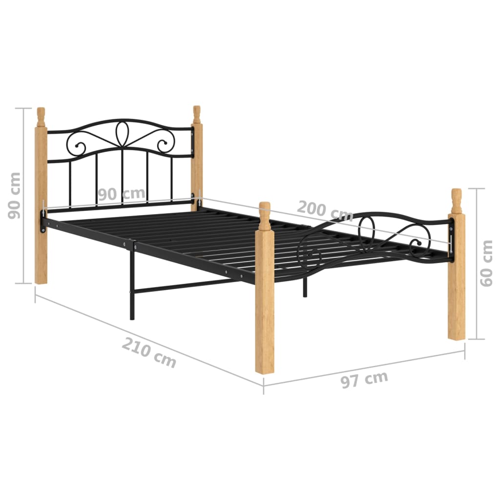 Bed Frame without Mattress Black Metal&Solid Oak Wood 90x200 cm - Bargainia.com - 