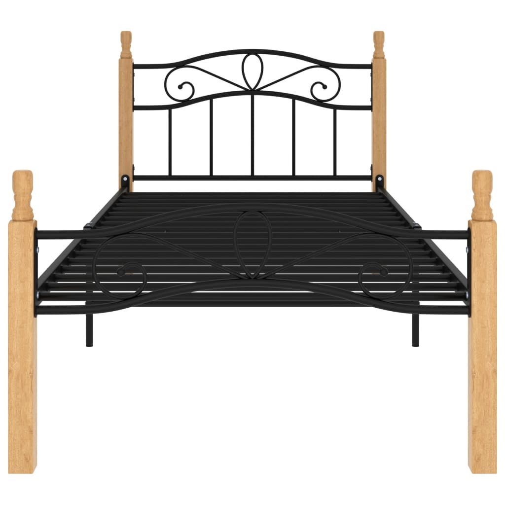 Bed Frame without Mattress Black Metal&Solid Oak Wood 90x200 cm - Bargainia.com - 