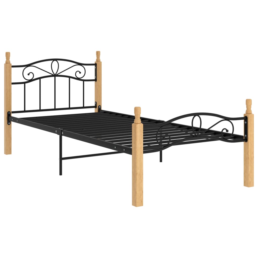 Bed Frame without Mattress Black Metal&Solid Oak Wood 90x200 cm - Bargainia.com - 