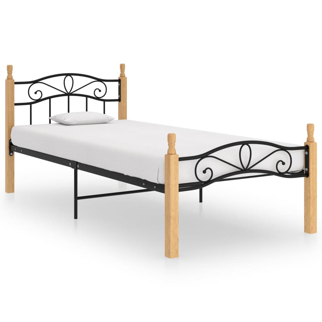 Bed Frame without Mattress Black Metal&Solid Oak Wood 90x200 cm - Bargainia.com - 