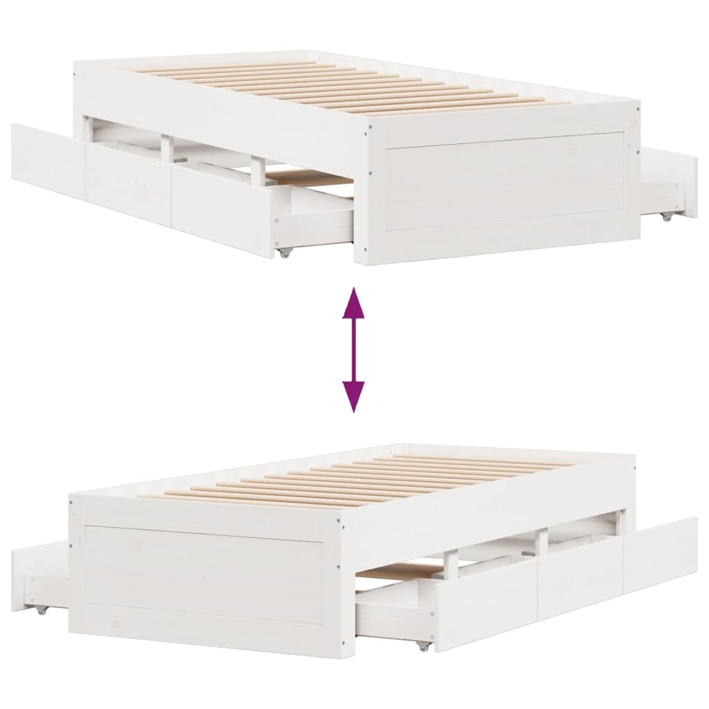 Bed Frame without Mattress with Drawers White 75x190 cm Small Single Solid Wood Pine - Bargainia.com - 