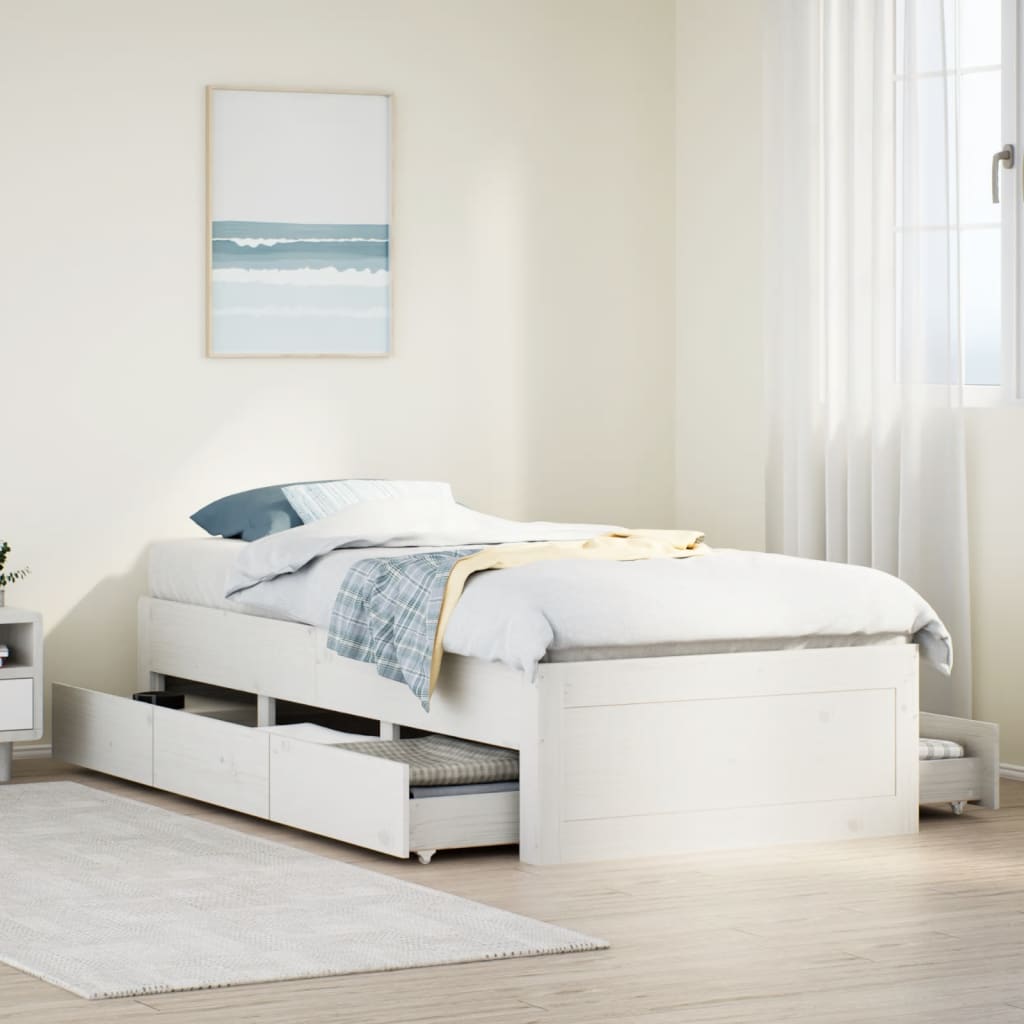 Bed Frame without Mattress with Drawers White 75x190 cm Small Single Solid Wood Pine - Bargainia.com - 