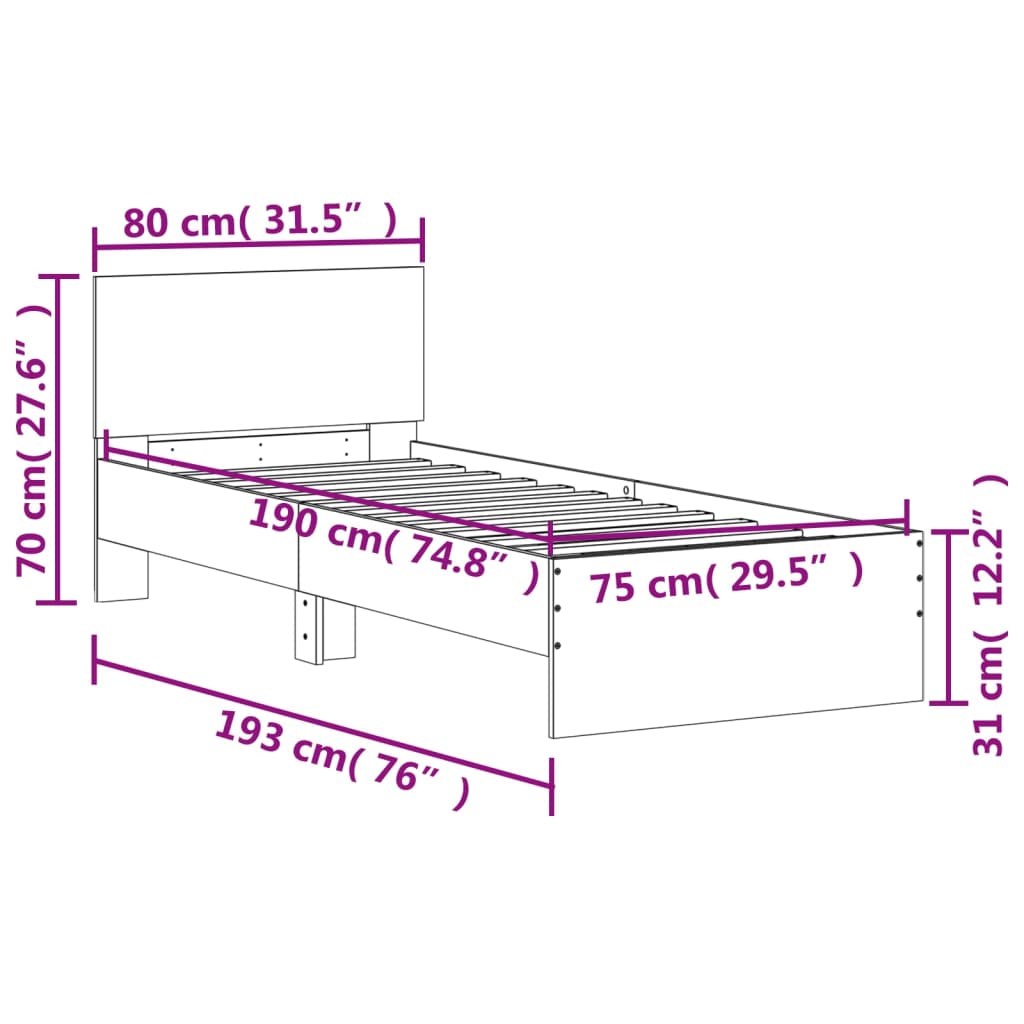 Bed Frame without Mattress with Headboard Concrete Grey 75x190 cm Small Single - Bargainia.com - 8721012240124 - 838662