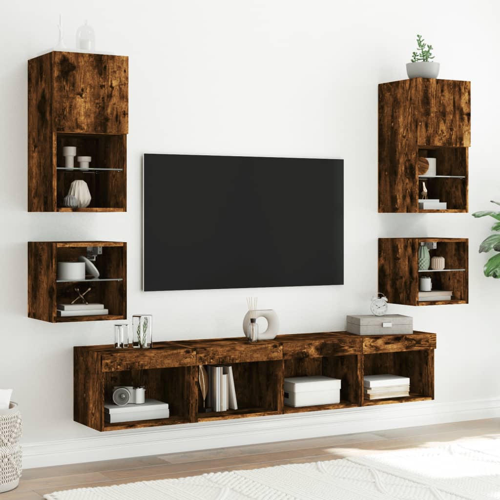 Bedside Cabinet with LED Lights Wall - mounted Smoked Oak - Bargainia.com - 8721012257054 - 837121