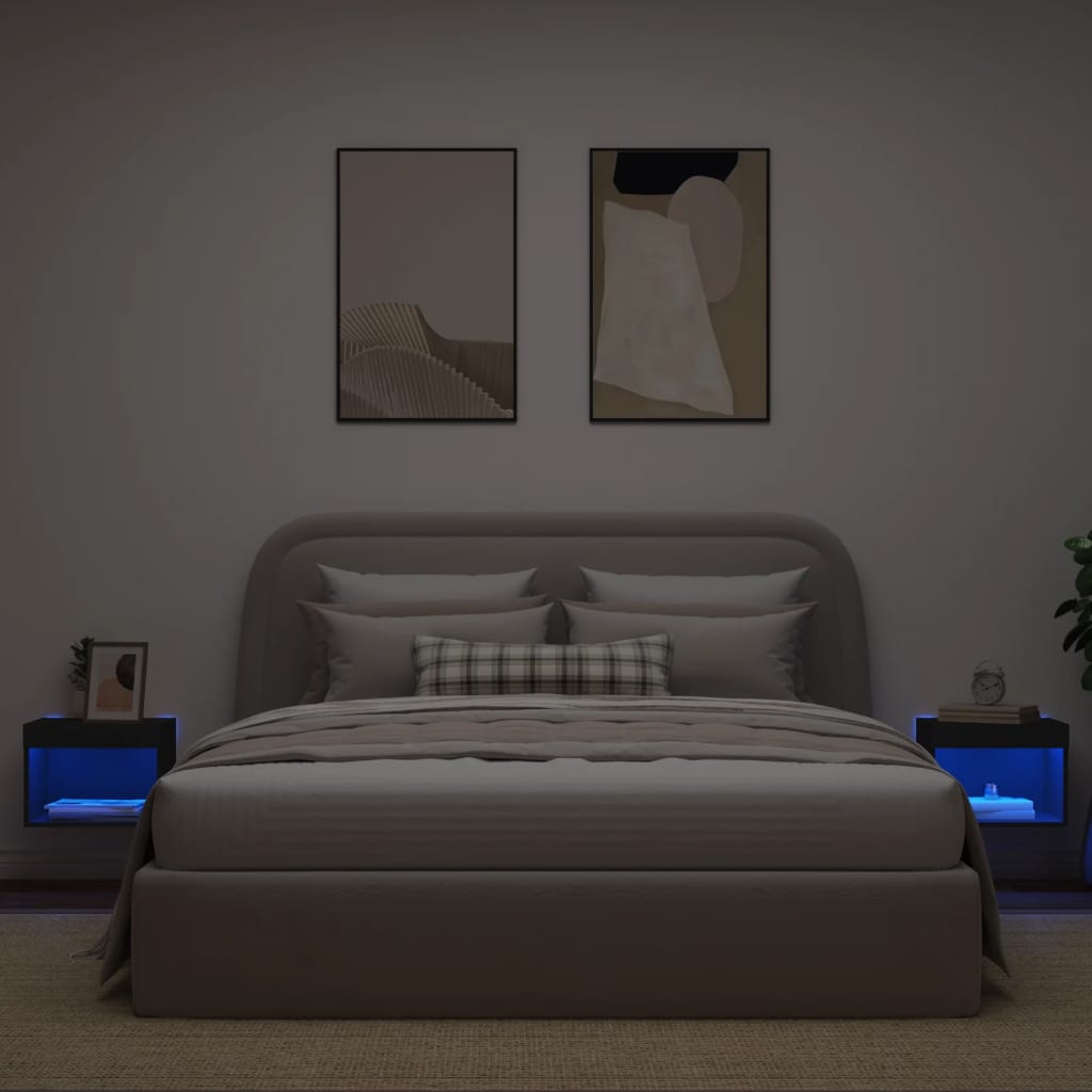 Bedside Cabinets with LED Lights Wall - mounted 2 pcs Black - Bargainia.com - 8721012257009 - 837116