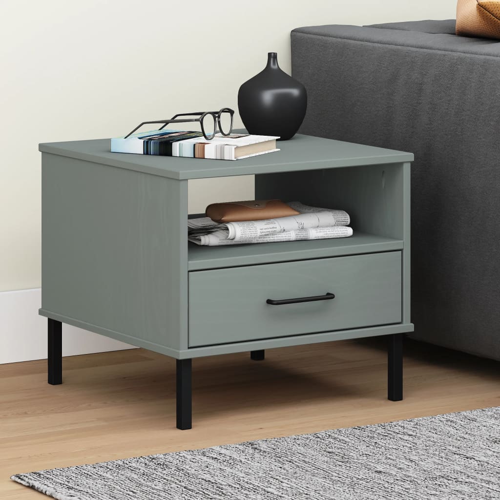 Bedside Table with Metal Legs Grey Solid Wood Pine OSLO - Bargainia.com - 