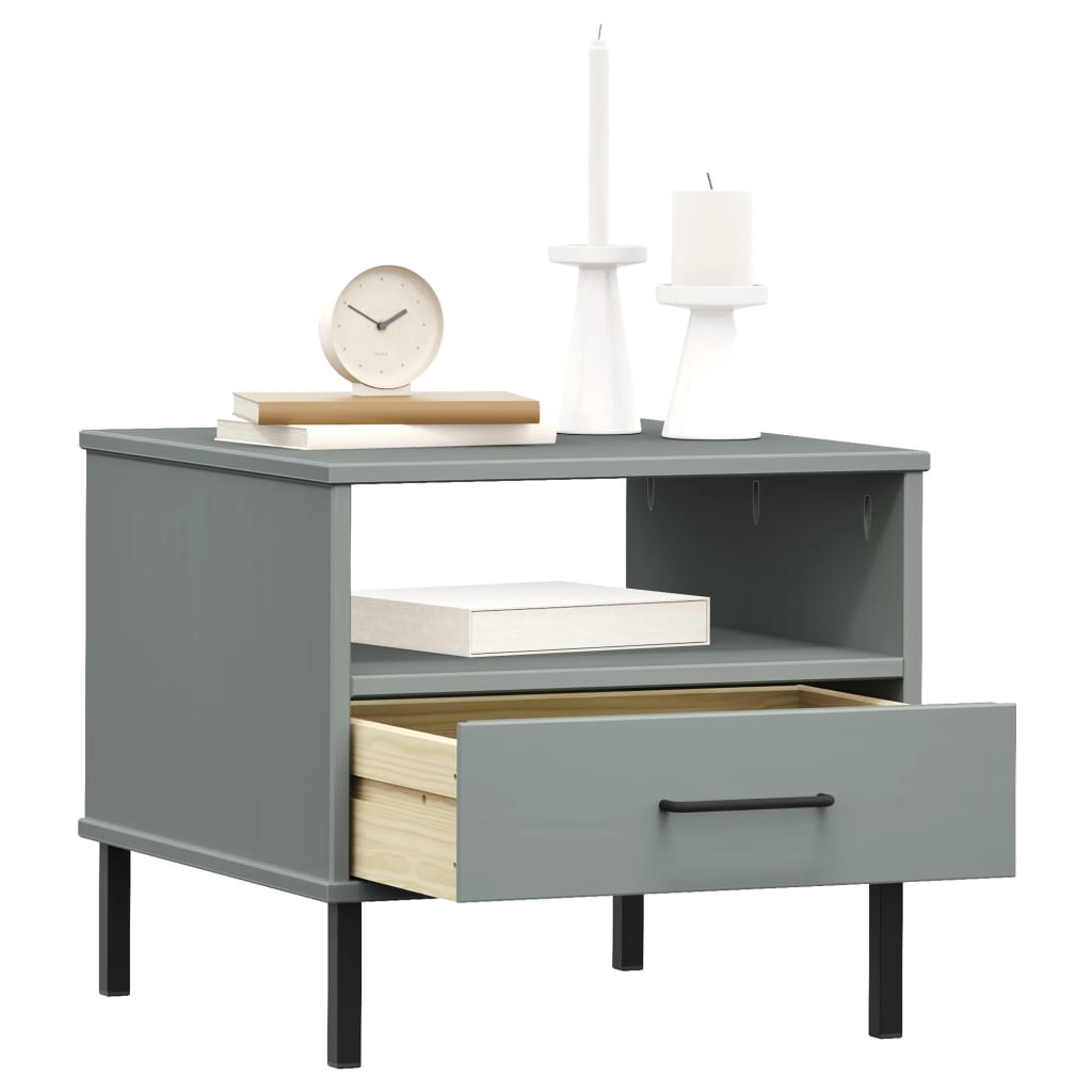 Bedside Table with Metal Legs Grey Solid Wood Pine OSLO - Bargainia.com - 