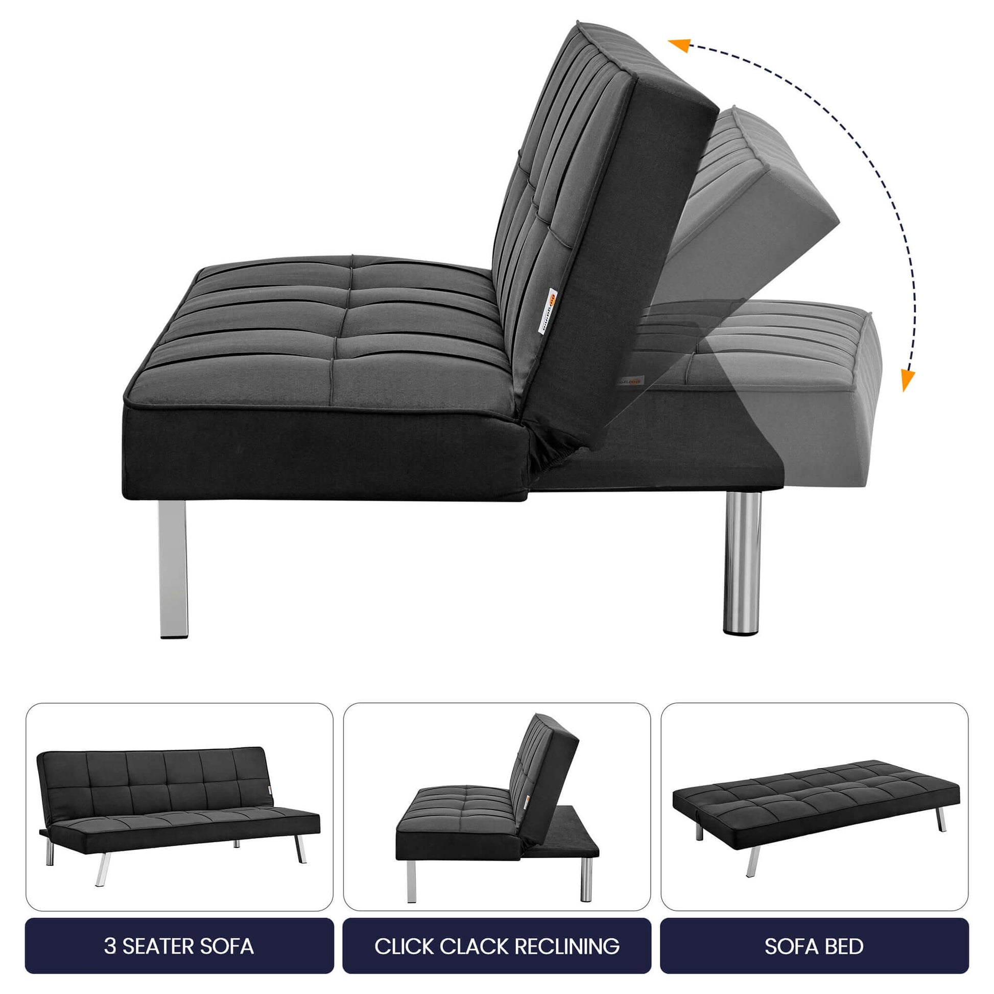 Black Click Clack 3 Seater Sofa Bed - Britney Bargainia