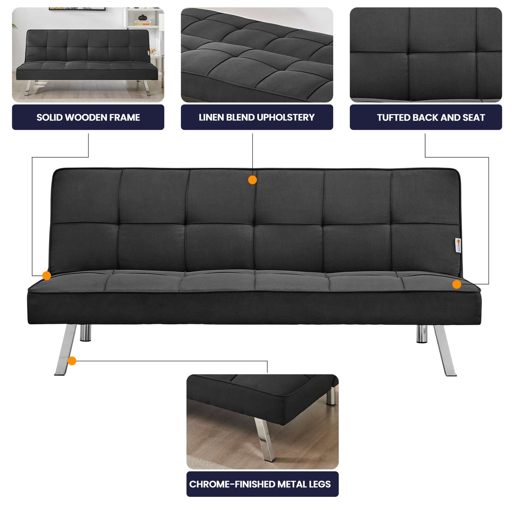 Black Click Clack 3 Seater Sofa Bed - Britney - Bargainia.com - 