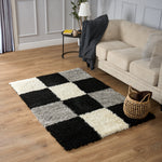 Black & Grey Checked Thick Shaggy Rug - California - Bargainia.com - 5056150216988