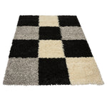 Black & Grey Checked Thick Shaggy Rug - California - Bargainia.com - 5056150216988