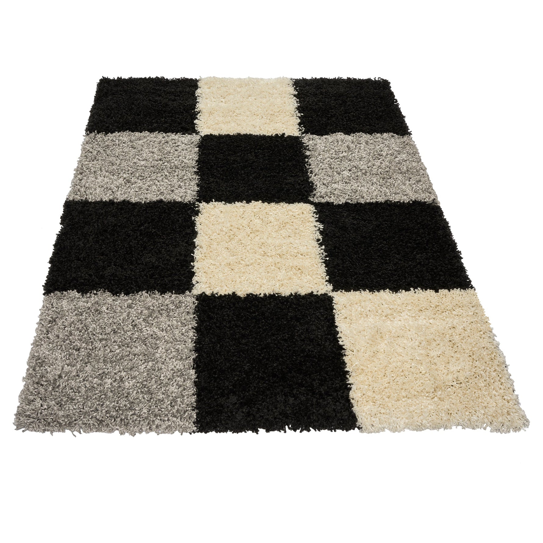 Black & Grey Checked Thick Shaggy Rug - California - Bargainia.com - 5056150216988