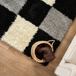 Black & Grey Checked Thick Shaggy Rug - California - Bargainia.com - 5056150216988