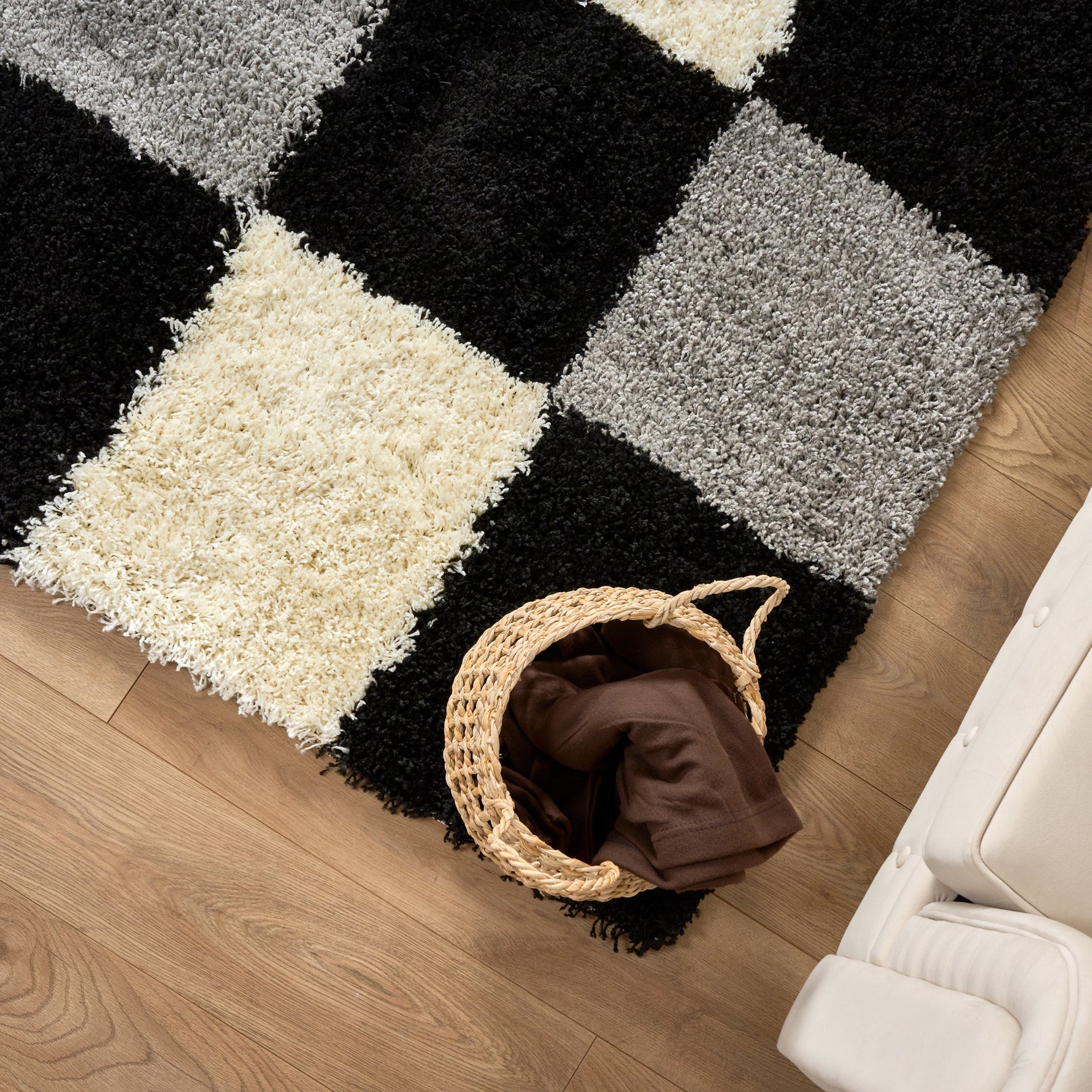 Black & Grey Checked Thick Shaggy Rug - California - Bargainia.com - 5056150216988