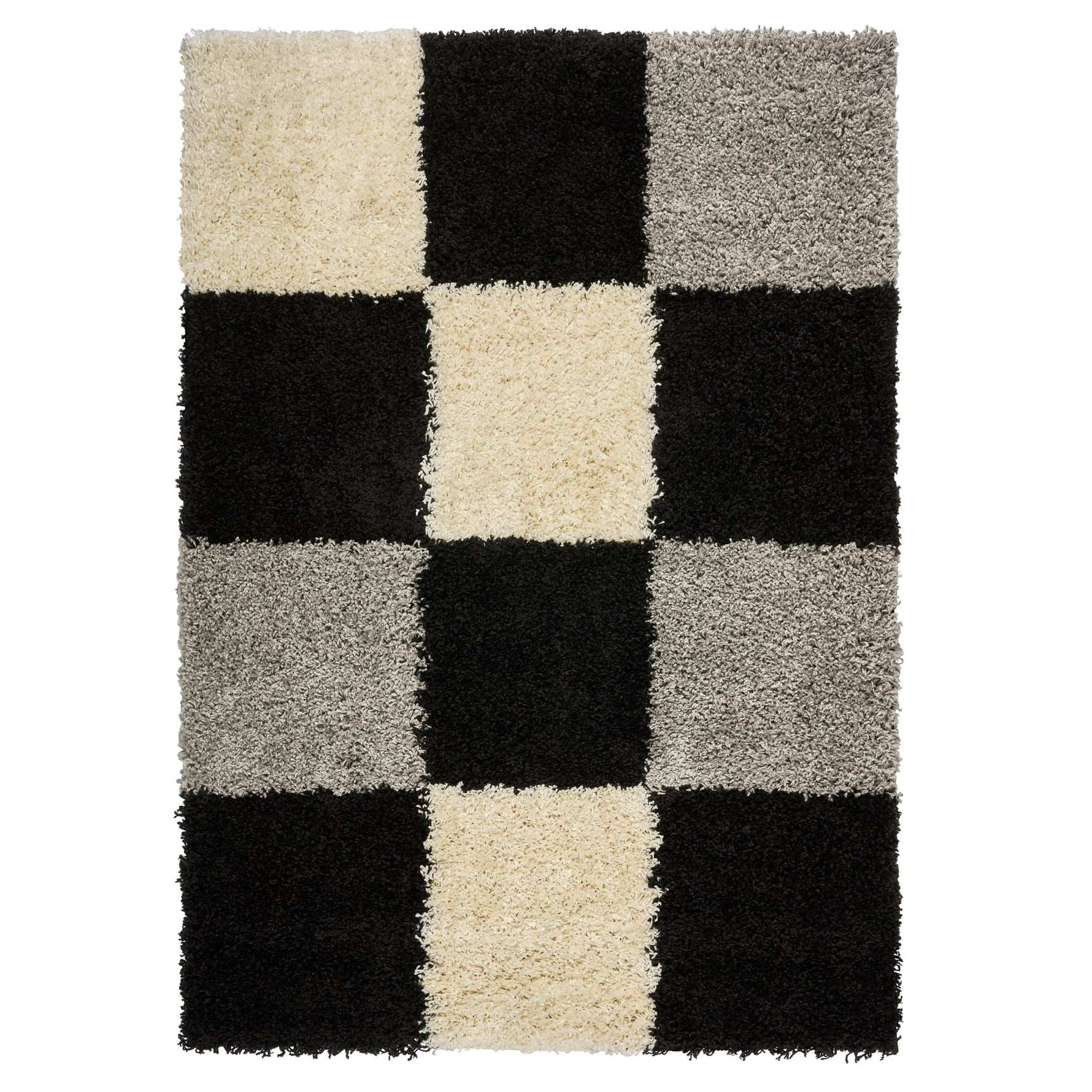 Black & Grey Checked Thick Shaggy Rug - California - Bargainia.com - 5056150216988