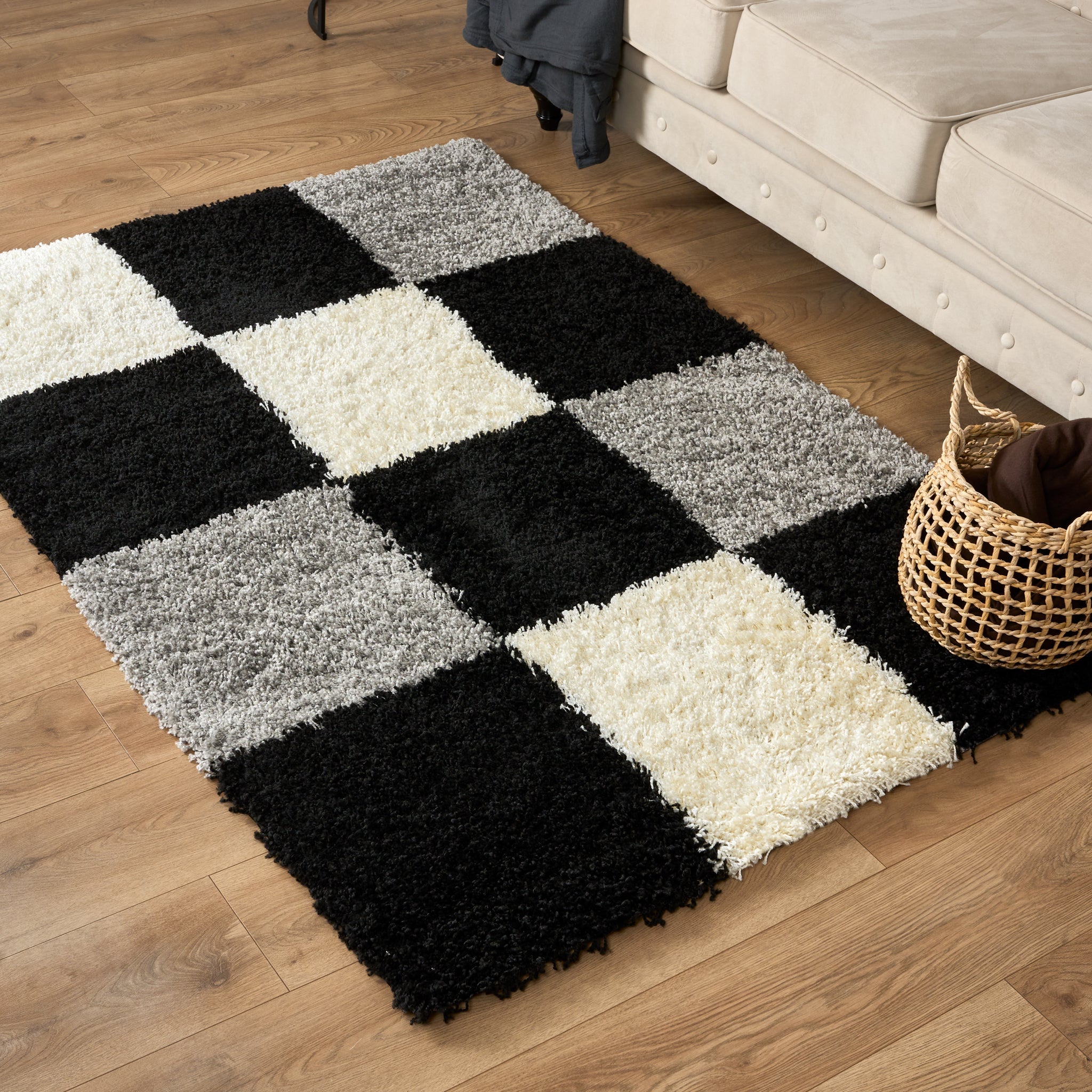 Black & Grey Checked Thick Shaggy Rug - California - Bargainia.com - 5056150216988