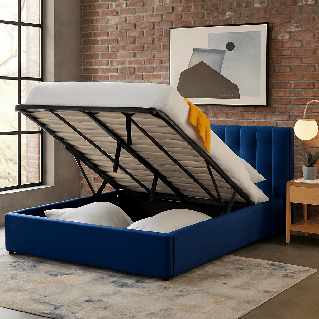 Blue Velvet Plush Ottoman Storage Bed Frame - Double - Bargainia.com - 