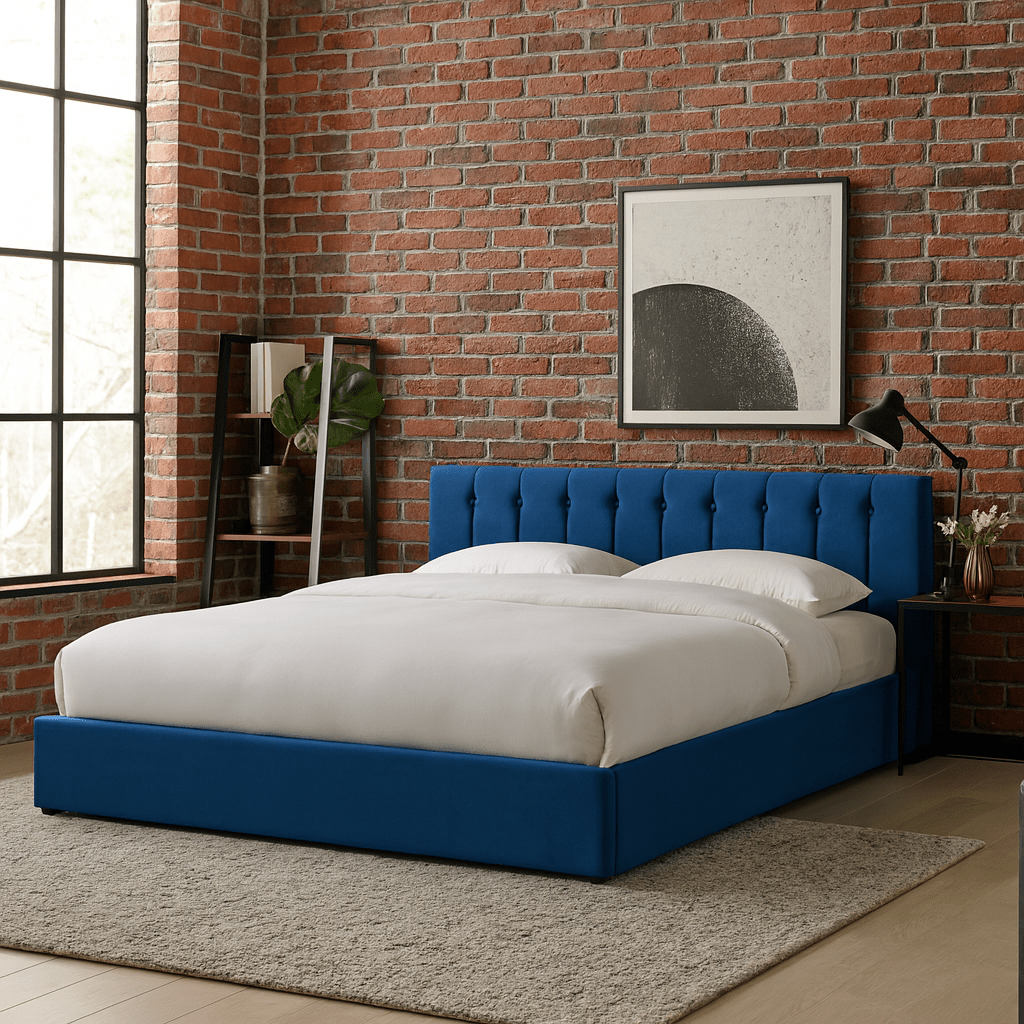 Blue Velvet Plush Ottoman Storage Bed Frame - Double - Bargainia.com - 