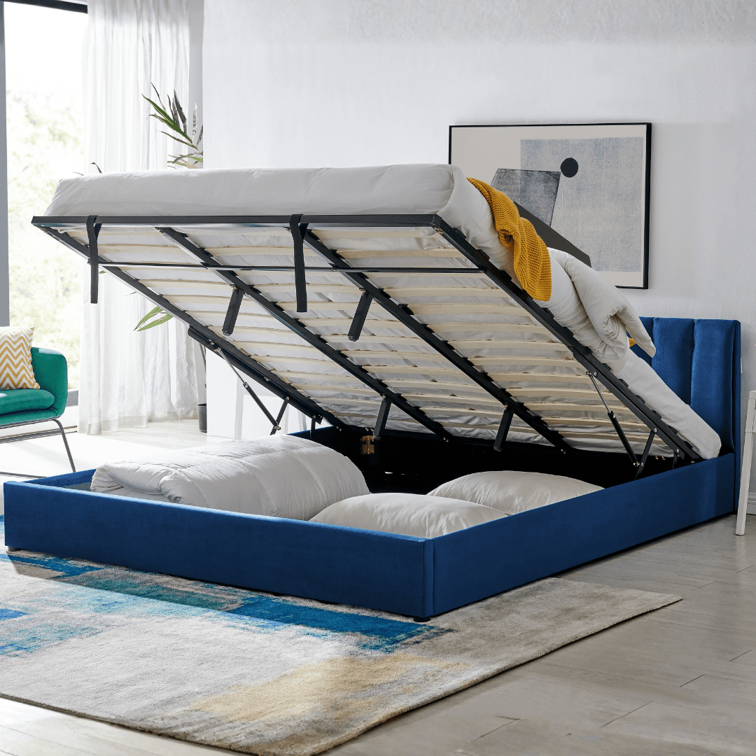 Blue Velvet Plush Ottoman Storage Bed Frame - Super King - Bargainia.com - 