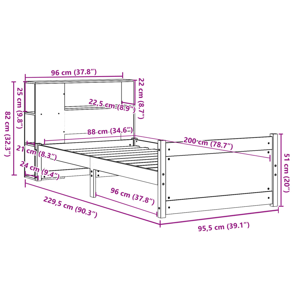 Bookcase Bed without Mattress 90x200cm Solid Wood Pine - Bargainia.com - 8721158612380 - 3322451