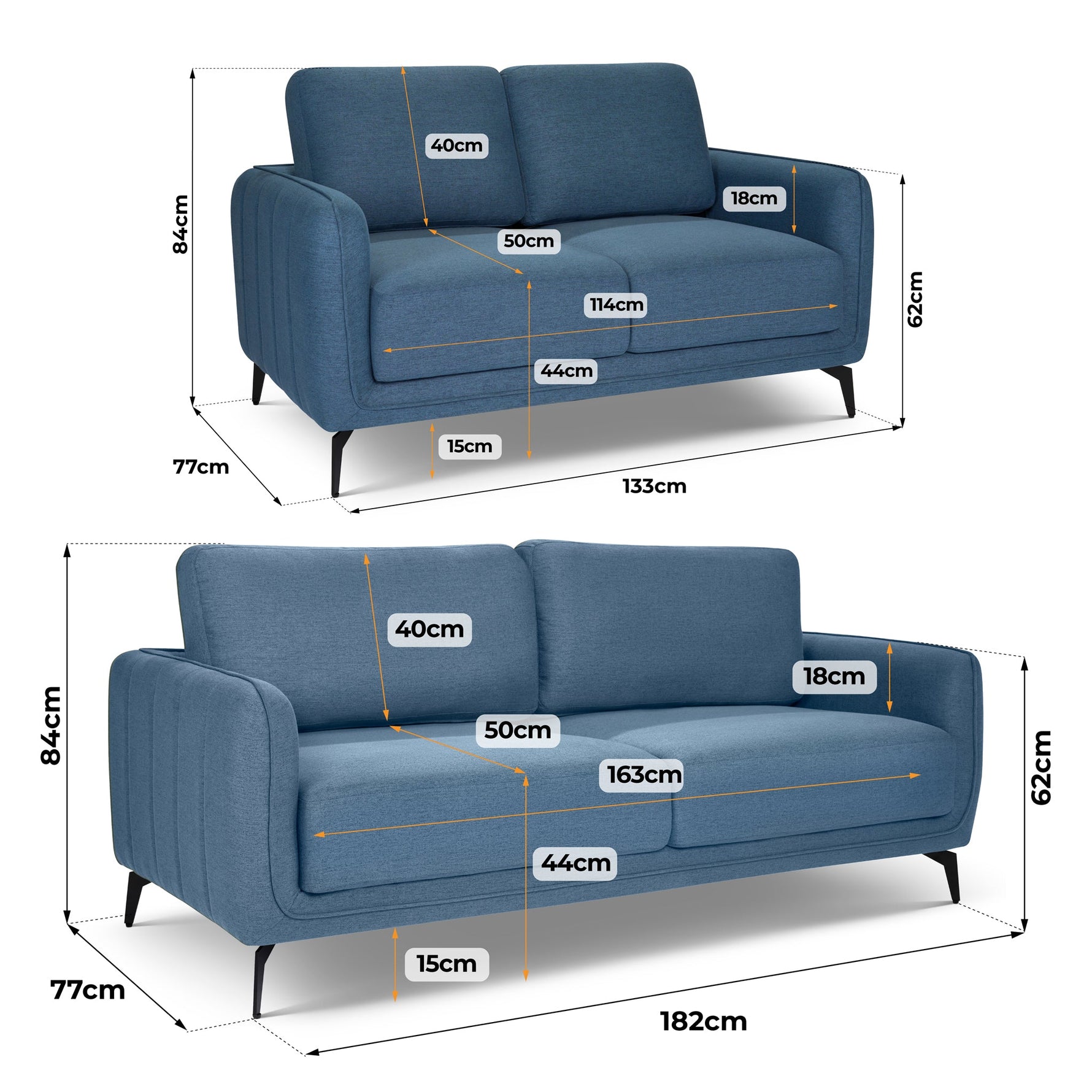 Brixton Blue 2 & 3 Seater Sofa Set - Modern Fabric Sofa Suite with Steel Legs - Bargainia.com - 5056150285953