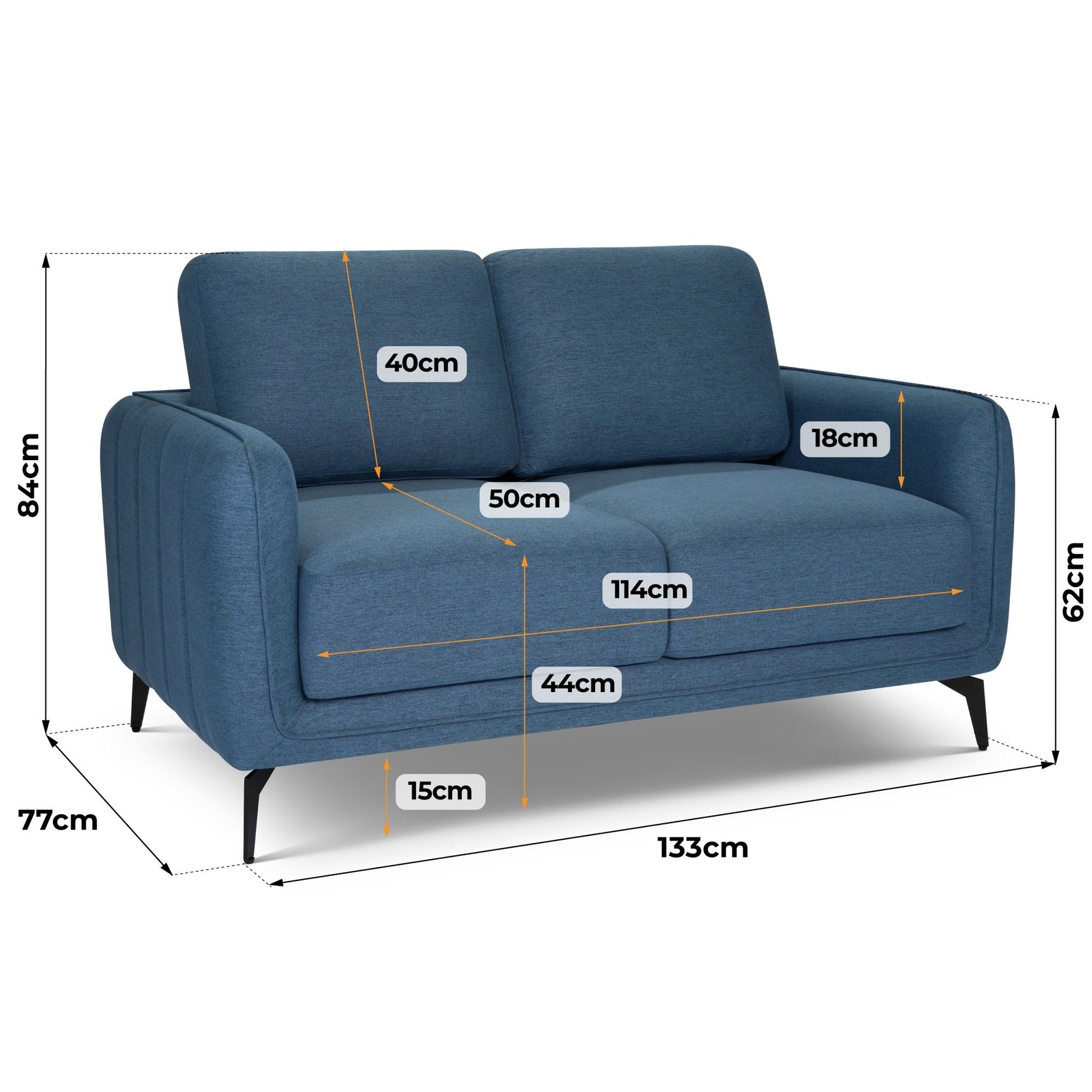 Brixton Blue 2 Seater Sofa - Modern Fabric Sofa with Steel Legs - Bargainia.com - 5056150285939