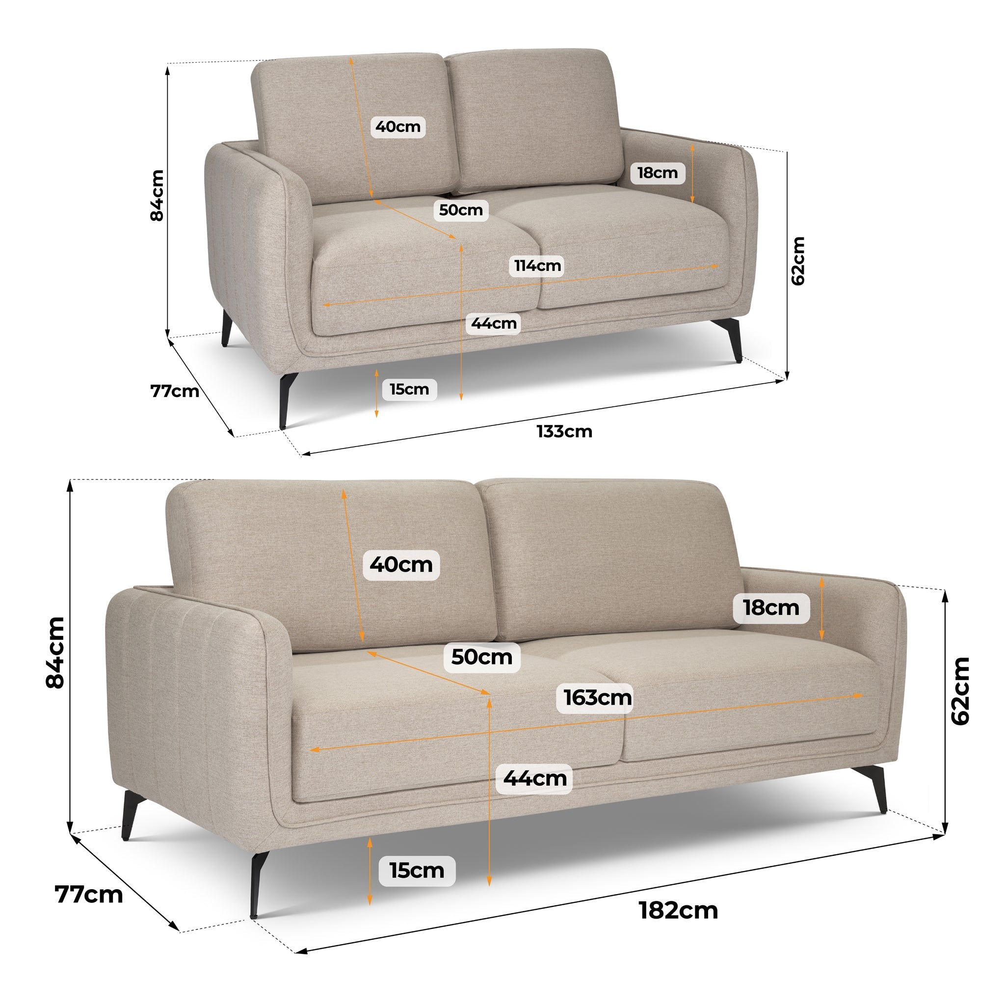 Brixton Cream 2 & 3 Seater Sofa Set - Modern Fabric Sofa Suite with Steel Legs - Bargainia.com - 5056150285908