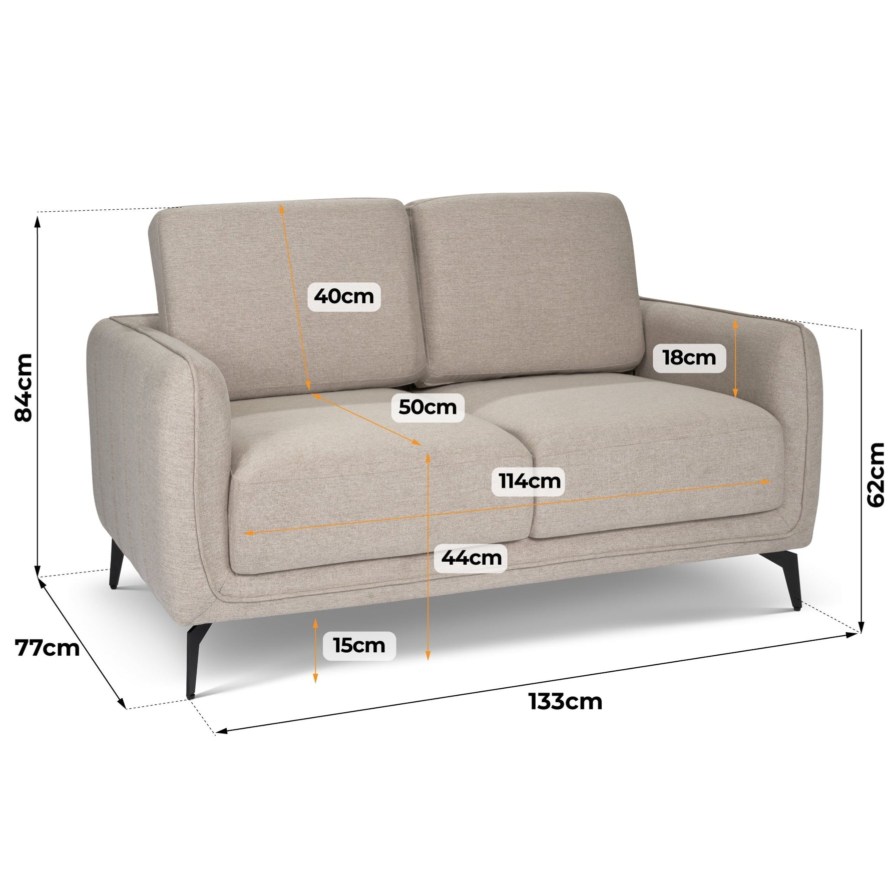 Brixton Cream 2 Seater Sofa - Modern Fabric Sofa with Steel Legs - Bargainia.com - 5056150285885