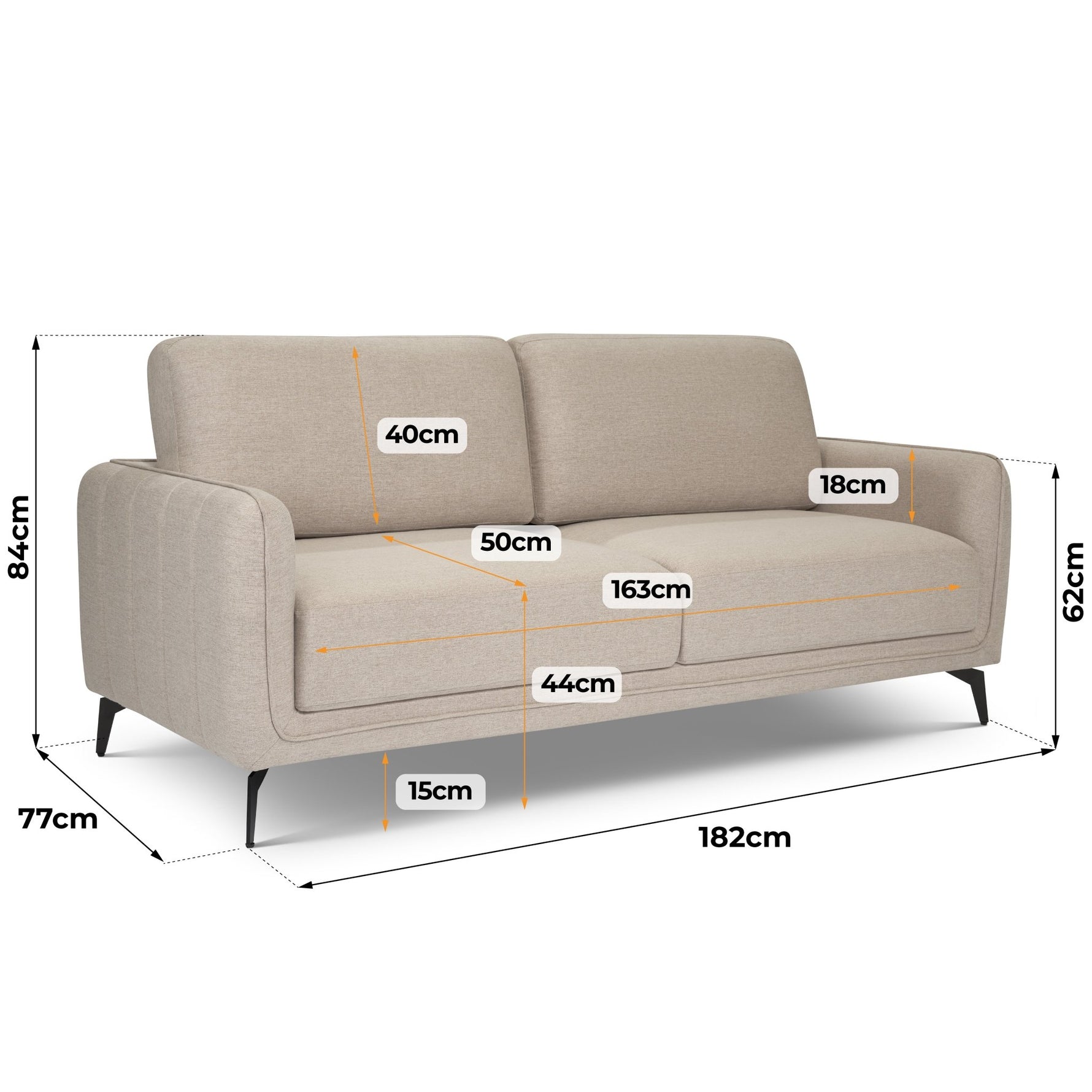 Brixton Cream 3 Seater Sofa - Modern Fabric Sofa with Steel Legs - Bargainia.com - 5056150285892