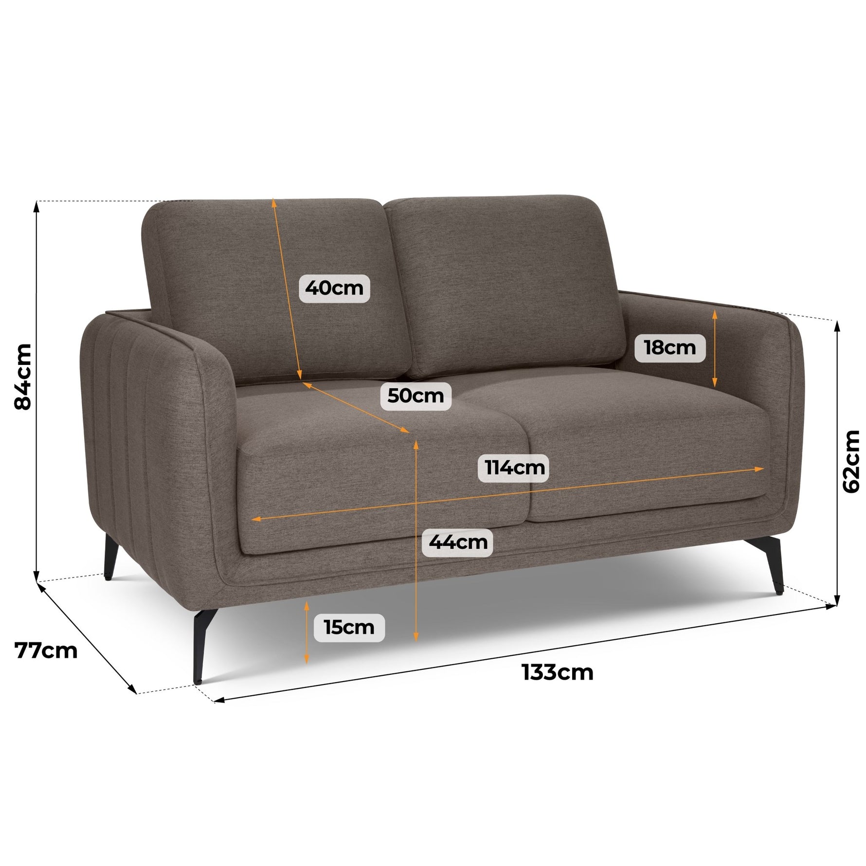 Brixton Dark Brown 2 Seater Sofa - Modern Fabric Sofa with Steel Legs - Bargainia.com - 5056150285984