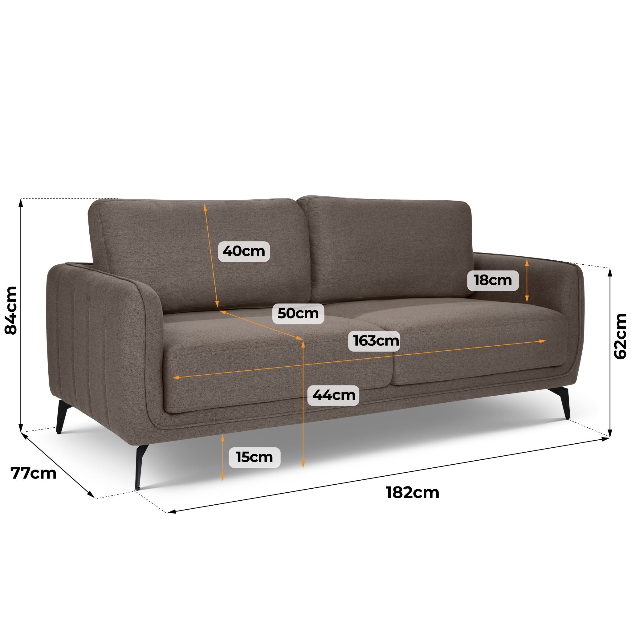 Brixton Dark Brown 3 Seater Sofa - Modern Fabric Sofa with Steel Legs - Bargainia.com - 5056150285991