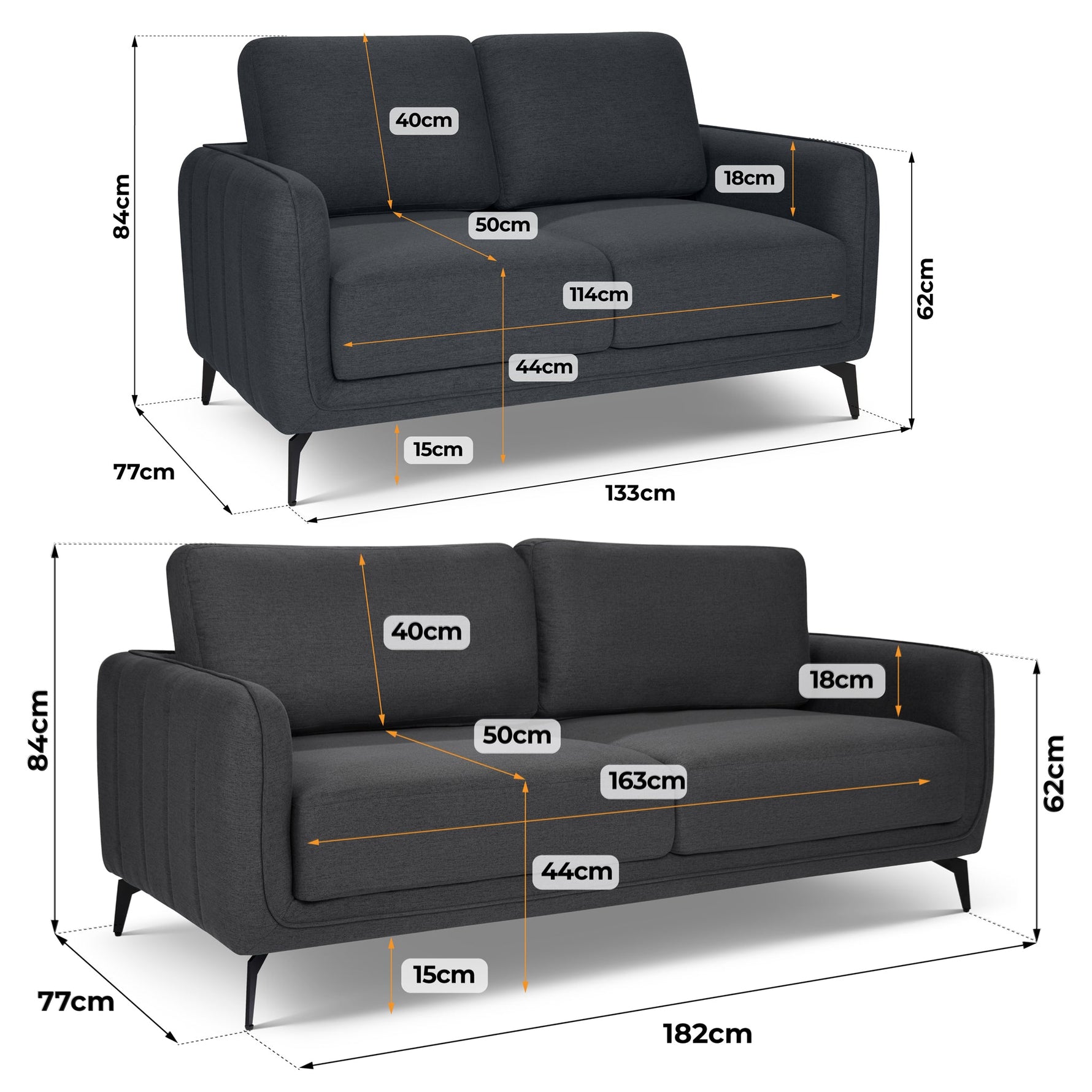 Brixton Dark Grey 2 & 3 Seater Sofa Set - Modern Fabric Sofa Suite with Steel Legs - Bargainia.com - 5056150286059