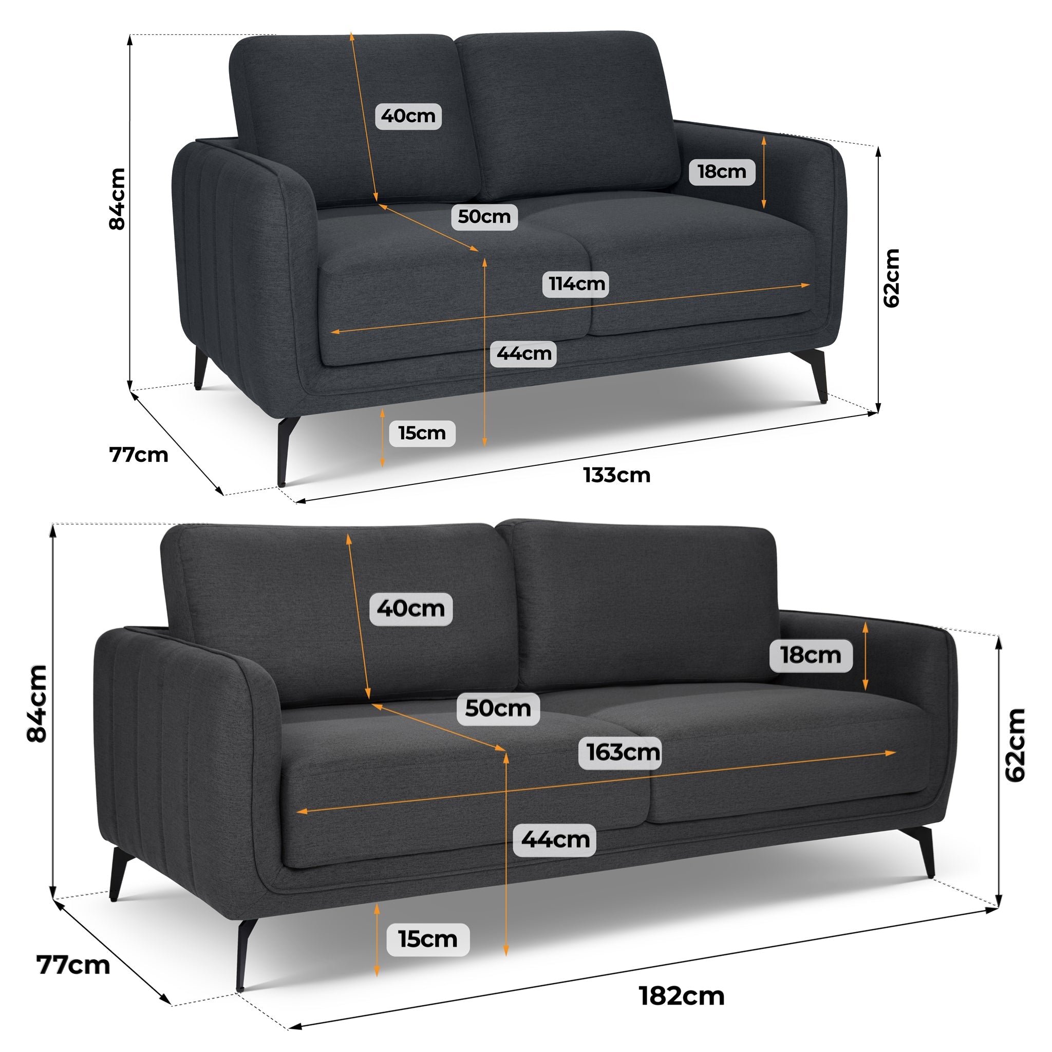 Brixton Dark Grey 2 & 3 Seater Sofa Set - Modern Fabric Sofa Suite with Steel Legs - Bargainia.com - 5056150286059