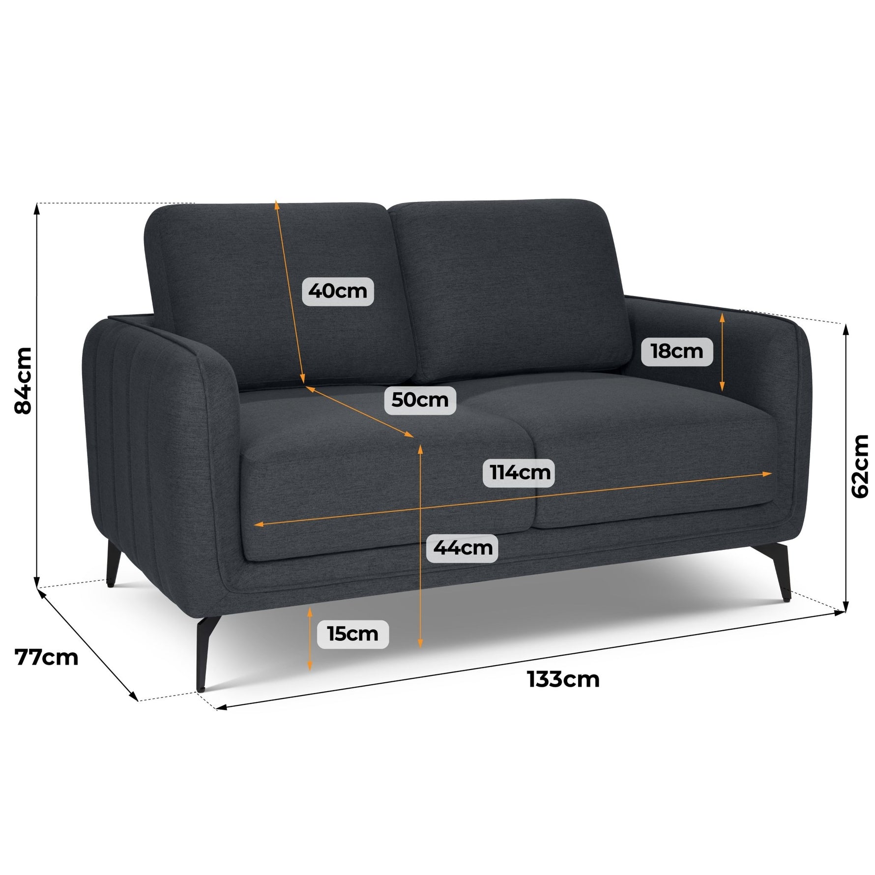 Brixton Dark Grey 2 Seater Sofa - Modern Fabric Sofa with Steel Legs - Bargainia.com - 5056150286035