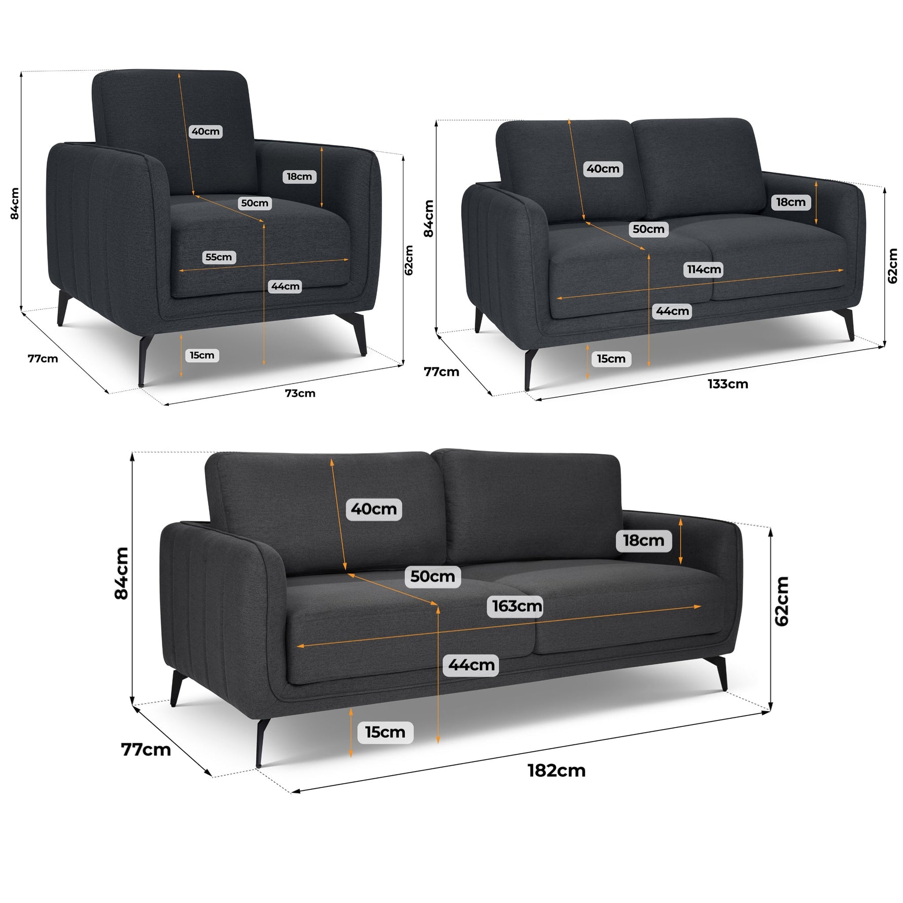 Brixton Dark Grey Full Suite - Armchair, 2 & 3 Seater Sofa Set - Bargainia.com - 5056150286066
