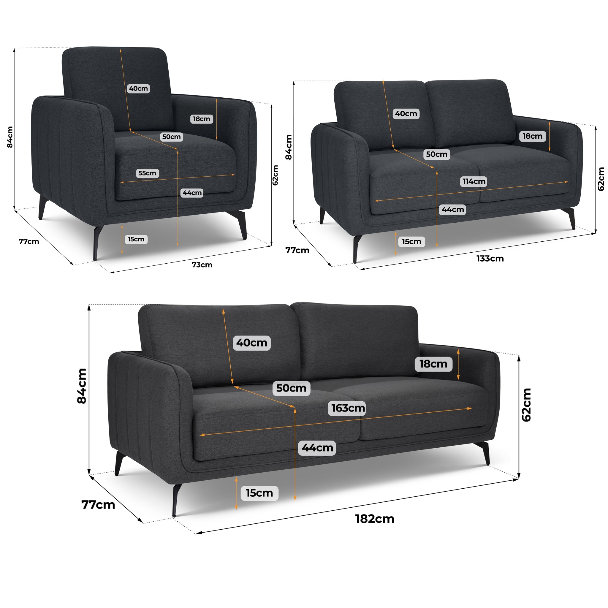 Brixton Dark Grey Full Suite - Armchair, 2 & 3 Seater Sofa Set - Bargainia.com - 5056150286066