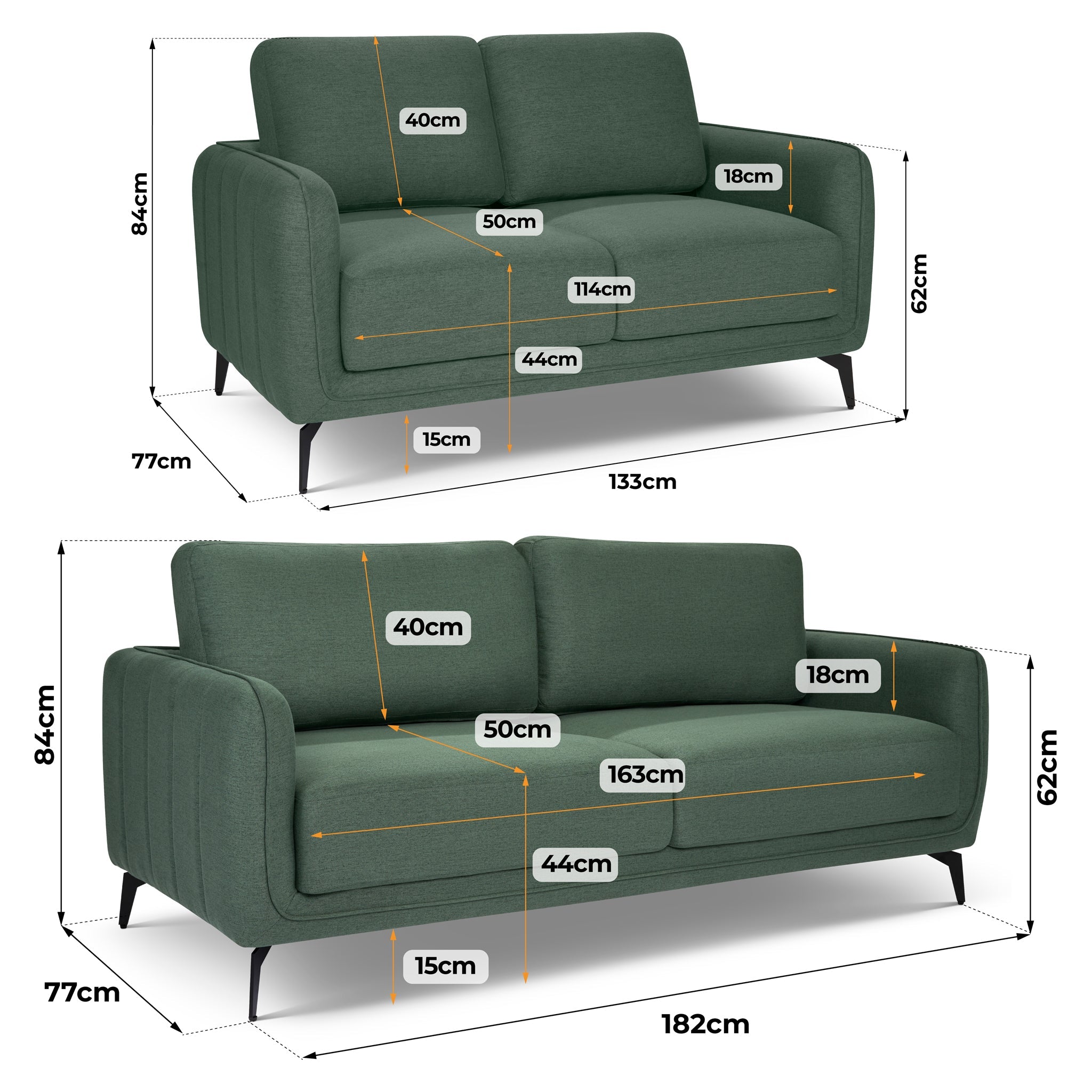 Brixton Green 2 & 3 Seater Sofa Set - Modern Fabric Sofa Suite with Steel Legs - Bargainia.com - 5056150286103
