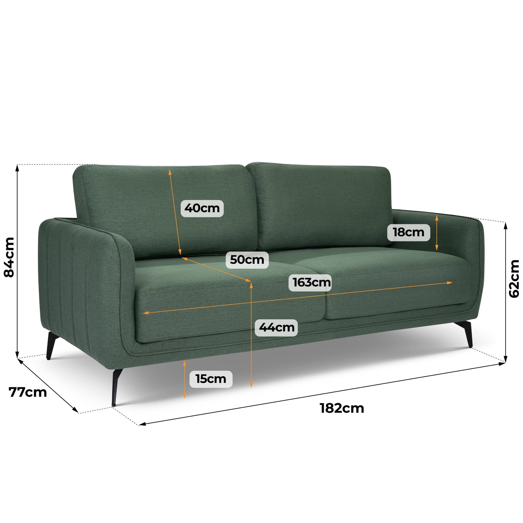 Brixton Green 3 Seater Sofa - Modern Fabric Sofa with Steel Legs - Bargainia.com - 5056150286097