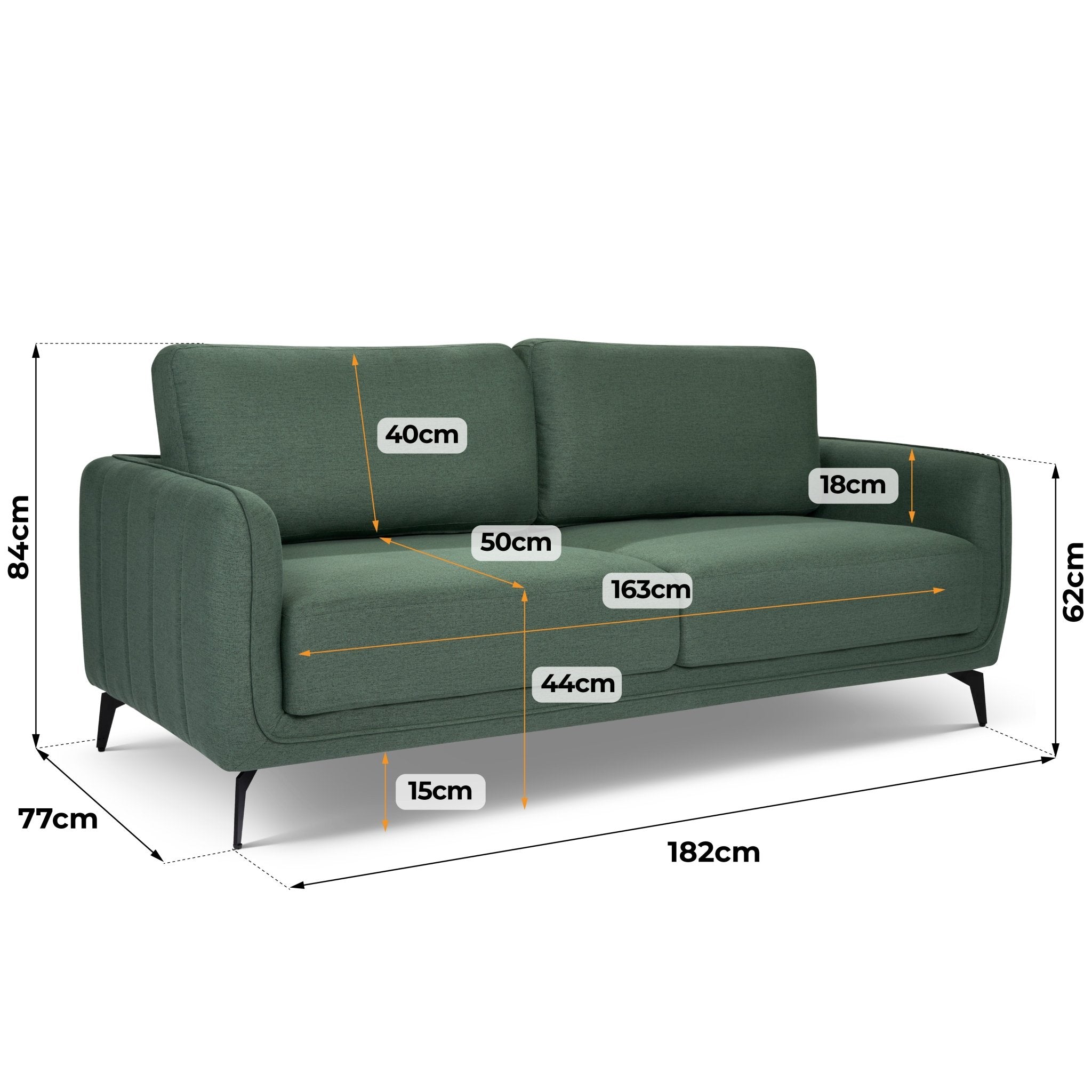 Brixton Green 3 Seater Sofa - Modern Fabric Sofa with Steel Legs - Bargainia.com - 5056150286097
