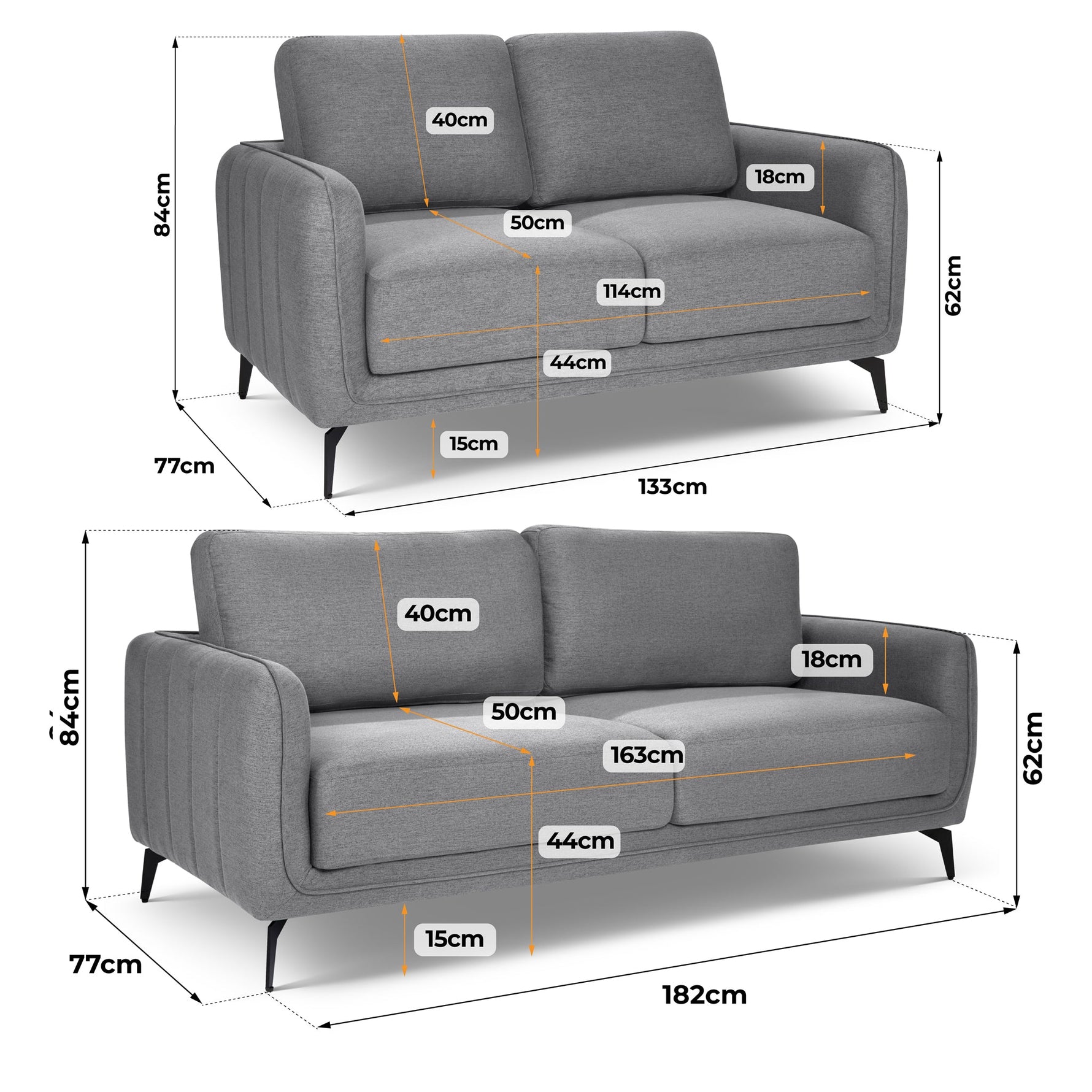 Brixton Grey 2 & 3 Seater Sofa Set - Modern Fabric Sofa Suite with Steel Legs - Bargainia.com - 5056150286158