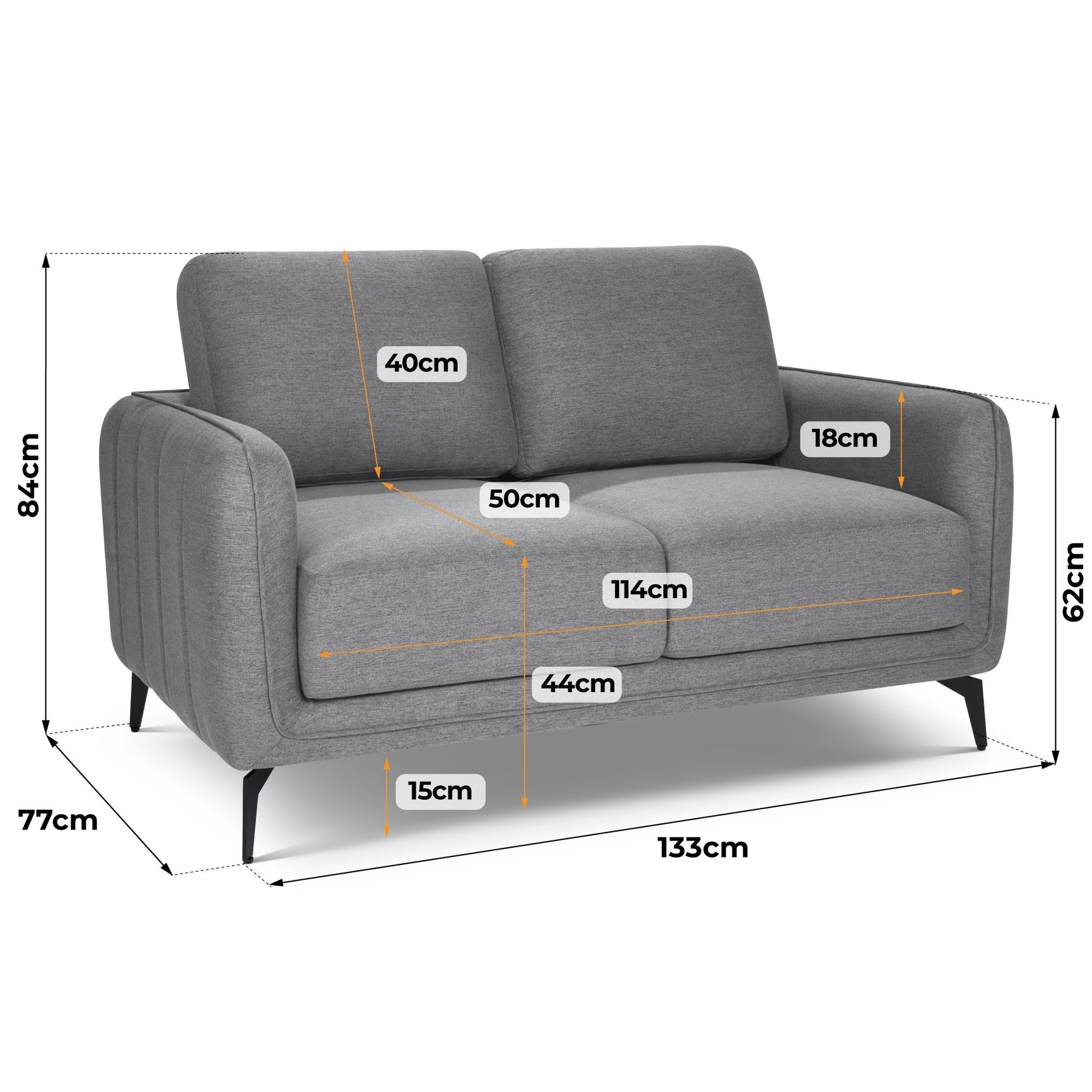 Brixton Grey 2 Seater Sofa - Modern Fabric Sofa with Steel Legs - Bargainia.com - 