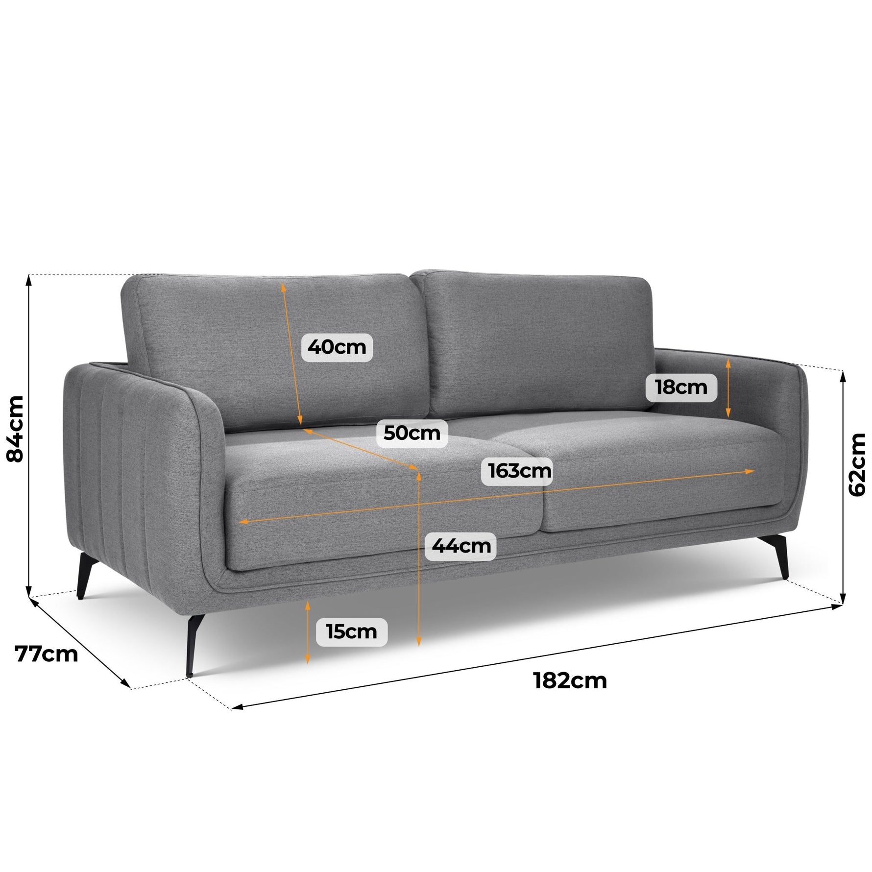 Brixton Grey 3 Seater Sofa - Modern Fabric Sofa with Steel Legs - Bargainia.com - 