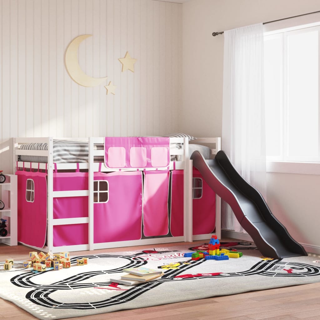 Bunk Bed without Mattress with Slide and Curtains Pink 90x190 cm Single - Bargainia.com - 8721102802645 - 3284130