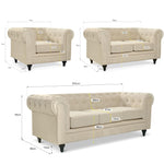 Chesterfield Velvet Sofa Suite, Cream 3 Piece Set with Armchair, 2 Seater and 3 Seater Sofa, Button Back