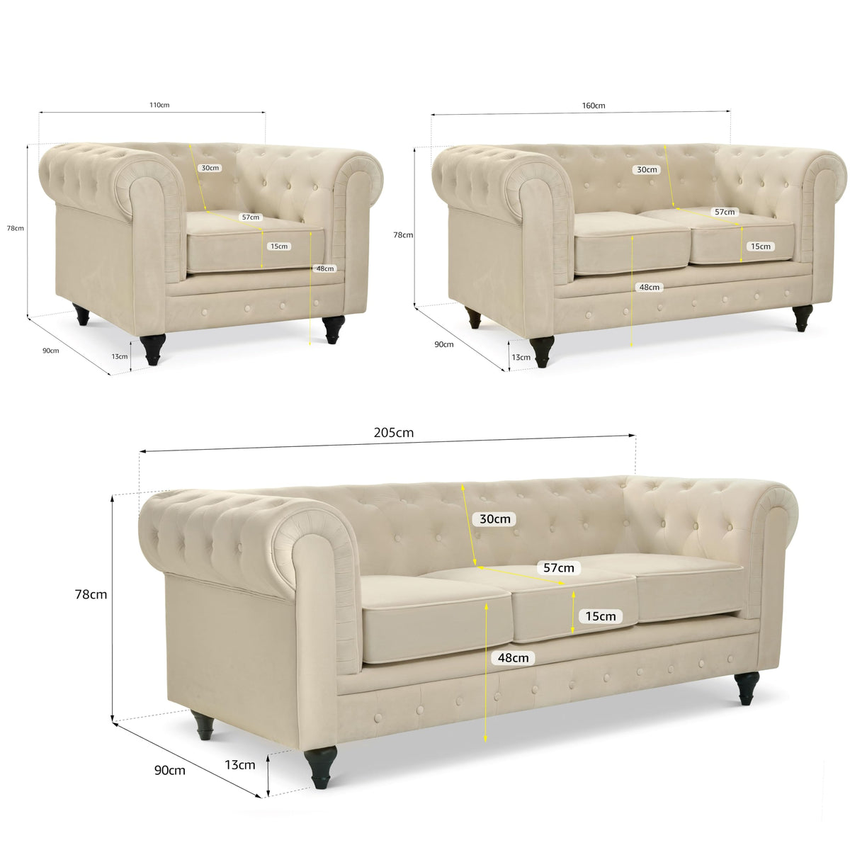 Chesterfield Velvet Sofa Suite, Cream 3 Piece Set with Armchair, 2 Seater and 3 Seater Sofa, Button Back
