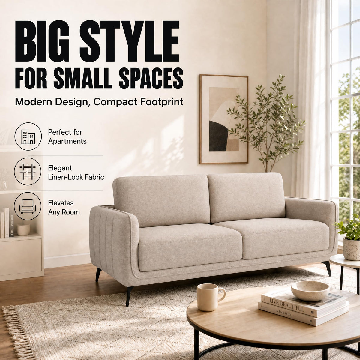 Brixton Cream Fabric Sofa, 3 Seater Linen Look Settee with Solid Wood Frame, Foam Cushions and Steel Legs